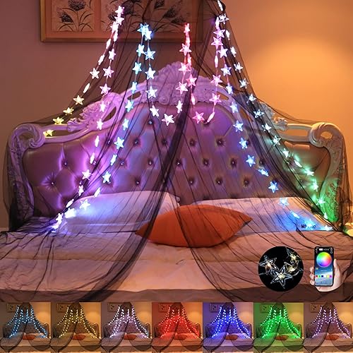 Comtelek Bed Canopy with Lights,Canopy Bed Curtain with RGB Music Sync Color Changing LED Star Lights with App Remote Mosquito Net for Princess Girls Bedroom,Dome Canopy for Twin,Queen,King Size Bed - Rgb Black Canopy