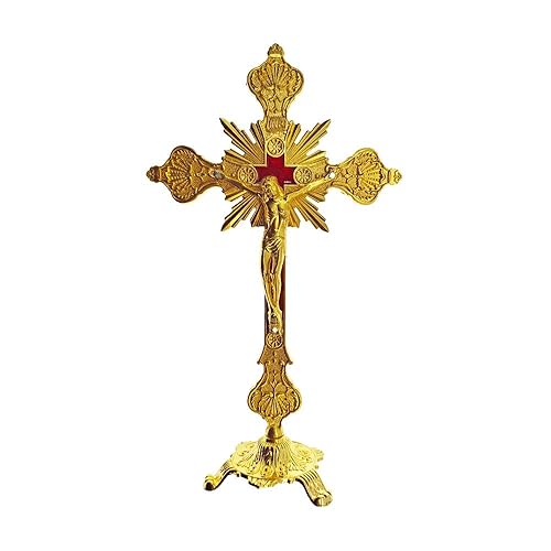 Standing Cross Decor Crucifix with Base 10" Tabletop Metal Jesus Christ Catholic Wood Crafted Antique Gold Cross for Table Home Chapel Decoration Religious Gifts - Type2