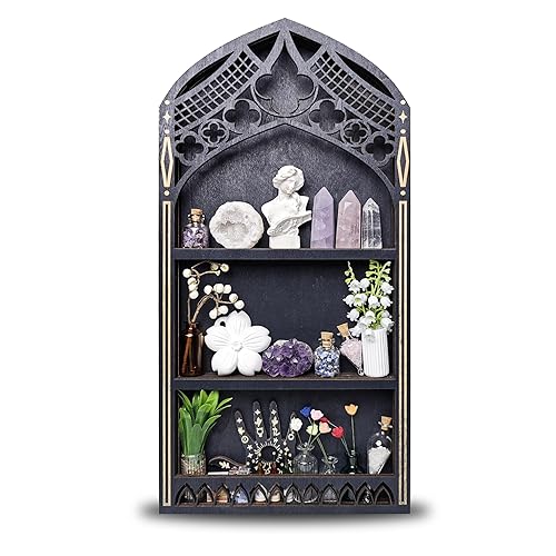 Gothic Window Crystal Shelf Display for Wall, Wooden Gem Stone Rock Storage Holder Trinkets Organizer, Wall Mount Stand Case Box for Witch Wiccan Decor, Spiritual Gift for Home Bedroom Living Room
