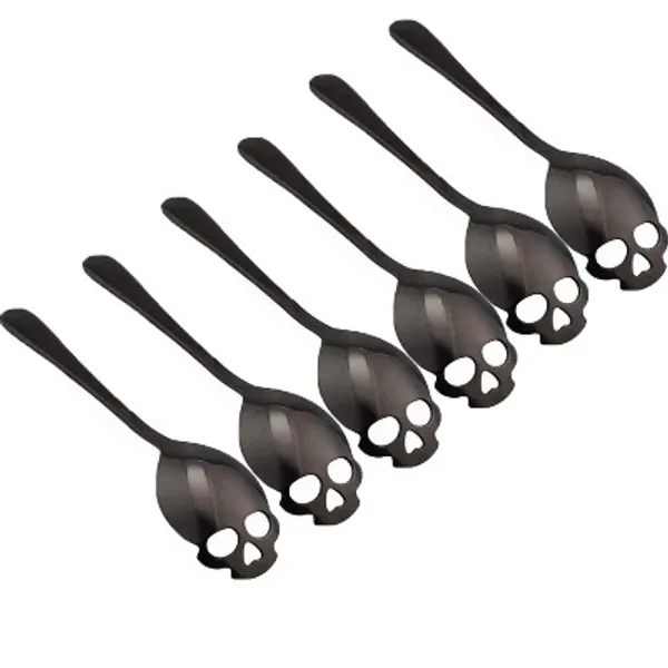 304 Stainless Steel Skull Sugar Spoon Dessert?Tea ?Coffee Stirring Spoon Set of 6 (Black) (Black)