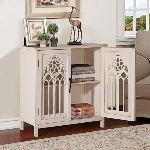Sophia & William Accent Cabinet with Doors, Distressed Storage Cabinet Display Cabinet with Hollow-Carved Church Window Door for Entryway Living Room, White - Hollow Church Window
