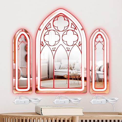 Ovveroche 3 Pack Gothic Mirror Neon Sign, Gothic Cathedral Window Neon Sign Church Mirror Wall Decor Vampire Decor Mirror Gothic Home Decor Halloween Neon Sign Goth Lover Gift