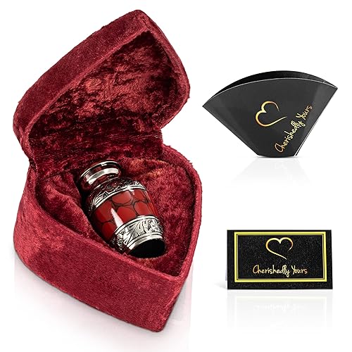 Small Keepsake Cremation Urns for Human Ashes with Velvet Heart Case and Funnel - Crimson : Deep Red Brass Hand Engraved Mini Memorial Urn - Red/Crimson Small Keepsake Urn