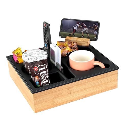 Couch Cup Holder Tray, Hitseon Silicone Bamboo Couch Caddy with Rotatable Phone Holder for Bed Car Seat Organizer, Waterproof Anti-Spill Couch Drink Holder for Snacks Beverage Remote (Black) - Black