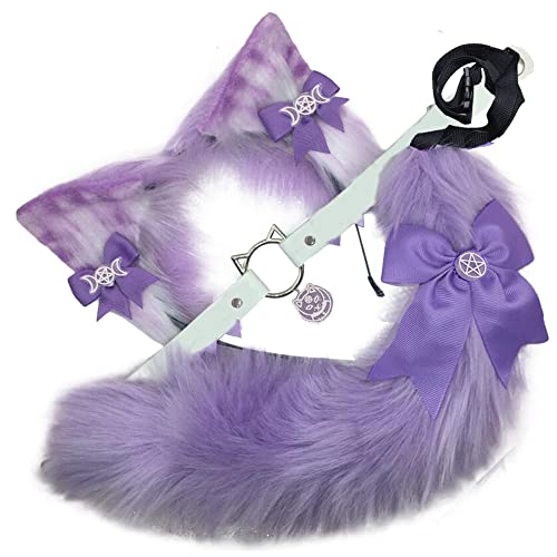 VIGVAN Animal Cosplay Wolf Ears and Tail Fox Cat Ears Tail Raccoon Cosplay Tail (ETC Purple) - Etc Purple