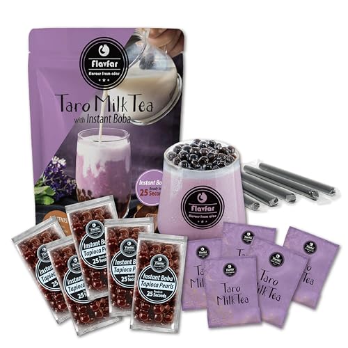 Flavfar Instant Boba Bubble Pearl Taro Milk Tea Kit with Authentic Brown Sugar Tapioca Boba and Straws, Ready in 25 Seconds | Great Idea for Gifting, Home and Party - 5 Servings Beverage Drink - Taro - 5 pack