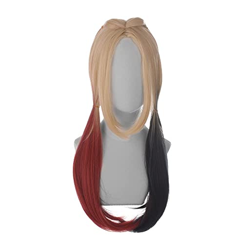 QACCF Long Curly Blue Pink Blond Color Middle Parting Halloween Cosplay Women Wig (Black and Red) - Black and Red