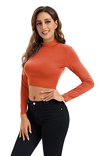 Womens Long Sleeve Crop Tops Lightweight Mock Neck Base Layer Shirts - Orange - Medium