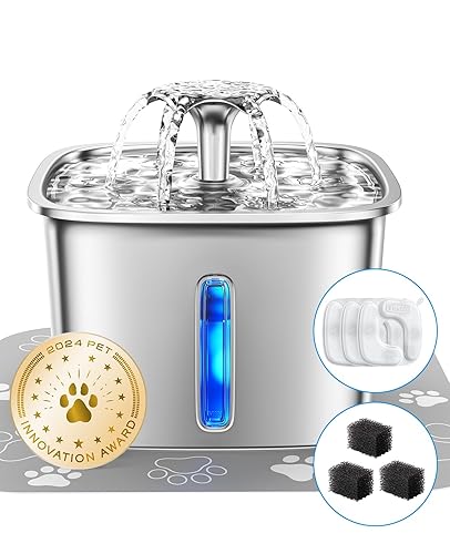 Veken Innovation Award Winner Stainless Steel Cat Water Fountain, 95oz/2.8L Automatic Pet Fountain with 3 Replacement Filters & 3 Pre-Filter Sponges & Silicone Mat for Cats, Dogs (Silver) - Silver+3 Filters+3 Sponges