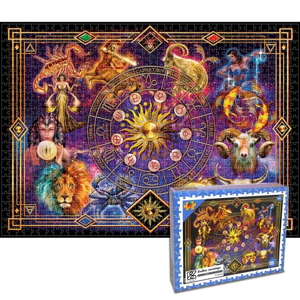 1000 Piece Jigsaw Puzzle for Adults Brain IQ Developing Magical Game,Zodiac Montage, Large Finish Size 27.56 x 19.69 inches - Zodiac Montage
