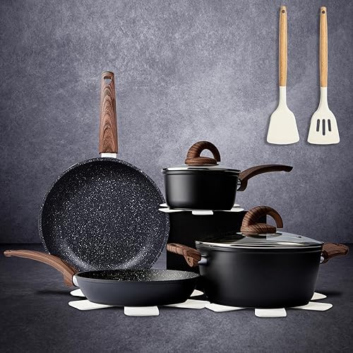 Vkoocy Non Stick Pots and Pans Set, Healthy Ceramic Cookware Set, 12pcs Kitchen Cooking Pots and Frying Sauce Saute Pans Set, PFAS-Free with Kitchen Utensils and Lid, Black - 12pcs Black