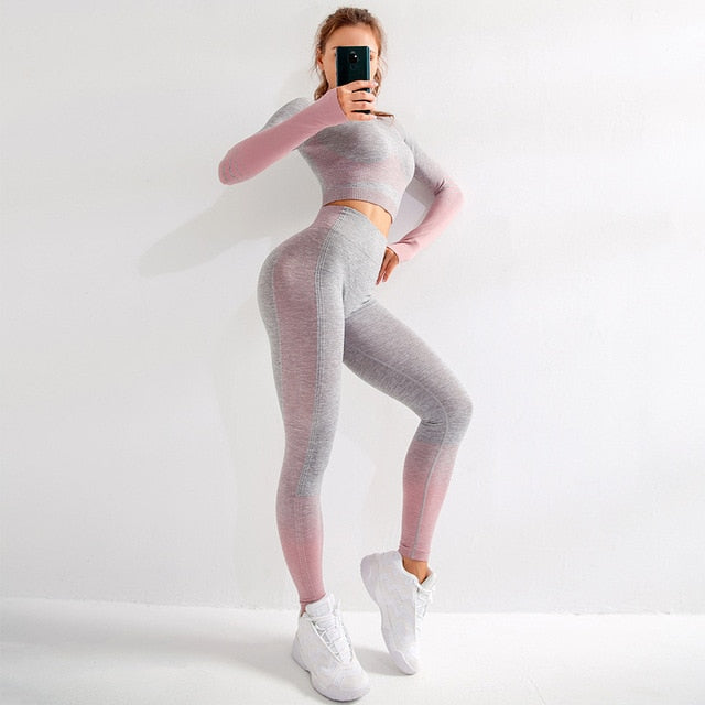 Seamless Aim Set (Leggings + Top) - Grey & Pink / S