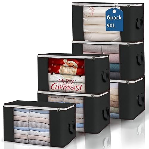 Large Storage Bags, 6 Pack Clothes Storage Bins Foldable Closet Organizers Storage Containers with Durable Handles Thick Fabric for Blanket Comforter Clothing Bedding 90 L (Black) - Black - 6 Pack