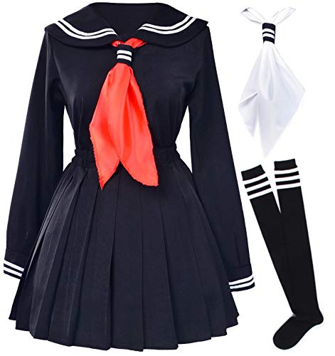 Elibelle Classic Japanese School Girls Sailor Dress Shirts Uniform Anime Cosplay Costumes with Socks set - Large--Asia XL - Black