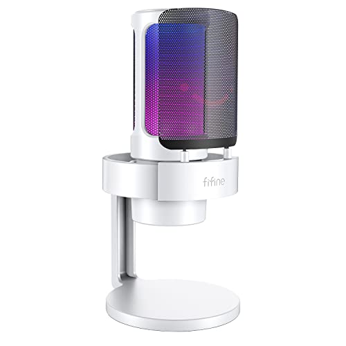 FIFINE Gaming USB PC Computer RGB Microphone for Live Streaming, Meeting, Podcasting, Video, Condenser Mic with Monitoring Headphone Jack, Light Control, for MAC OS/Windows-AmpliGame A8 White - White