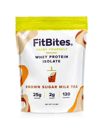 FitBites Boba Tea Protein Whey Protein Isolate (Brown Sugar Milk Tea), 5.9g BCAAs, Gluten Free, Zero, Sugar, Bubble Tea Protein Powder - Brown Sugar Milk Tea