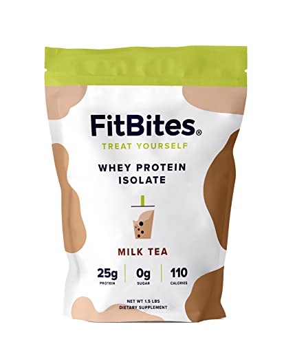 FitBites Boba Tea Protein 100% Whey Protein Powder Isolate (Milk Tea), Natural Energy Coffee Replacement, Sugar Free, Gluten Free, Lactose Free, Soy Free, Real Ingredients, 5.9g BCAAs - Milk Tea