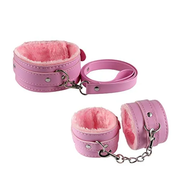 Smiling sunflower Sex Leather Plush Collar, Handcuffs Women with Torture Handcuffs Alternative Couple Toys - Pink