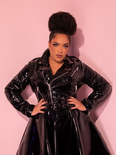 PRE-ORDER - Miss Kitty Cropped Motorcycle Jacket in Black Vinyl - Vixen by Micheline Pitt | 2X