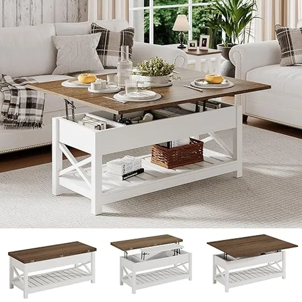 ChooChoo Farmhouse Lift Top Coffee Table, Multi-Function Convertible Coffee Table with Storage and Hidden Compartment, Coffee Table Converts to Dining Table for Living Room, 40 White & Brown - White & Brown