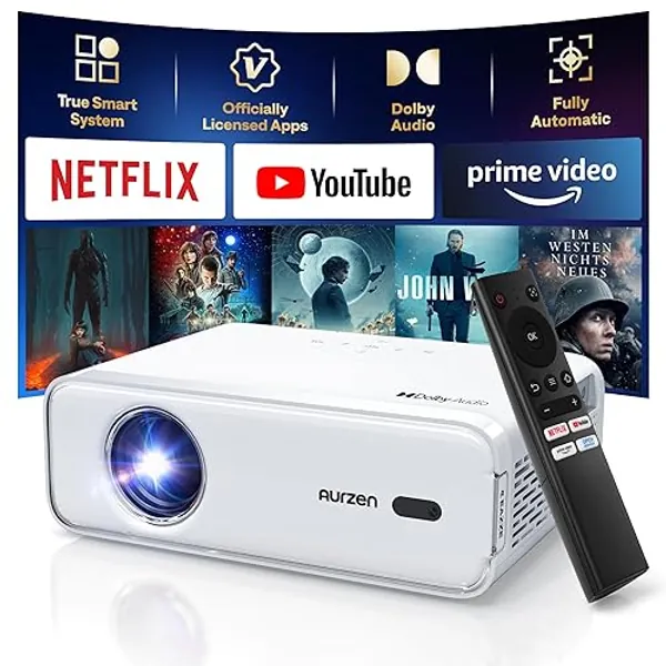 Netflix Officially & Dolby Audio, Aurzen Eazze D1 4K Supported Smart Projector with Auto Focus & Auto Keystone, 50% Zoom, HDR 10, 16W Speakers, WiFi Bluetooth Portable Projecteur for Outdoor - White