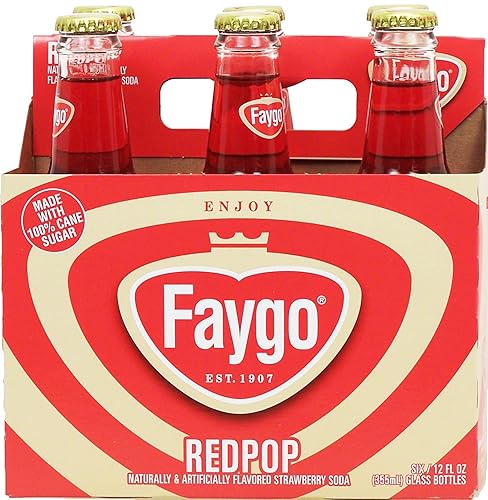 Faygo Redpop strawberry flavored soda, 12-fl. oz. glass bottles, 6-pack
