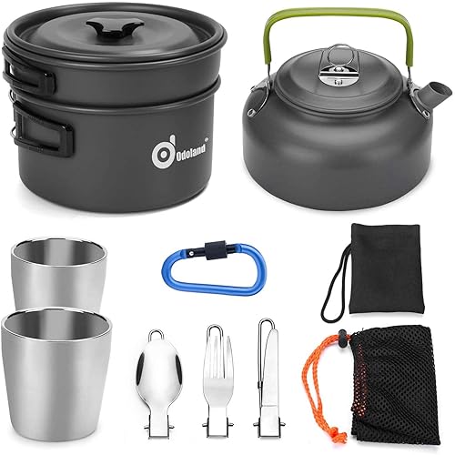 Odoland 10pcs Camping Cookware Mess Kit Folding Cookset, Includes Lightweight Pot Pan Kettle with 2 Cups, Fork Knife Spoon Kit for Outdoor Camping Hiking and Picnic