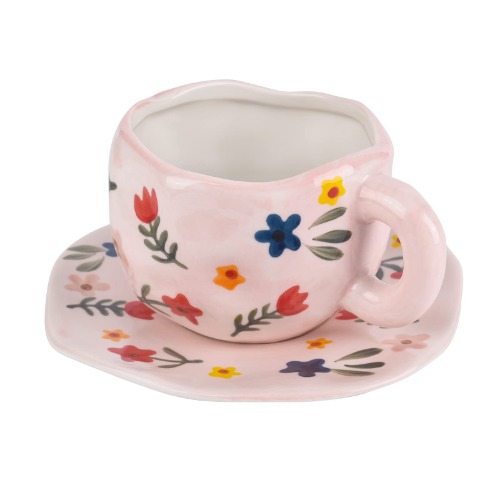 Koythin Ceramic Coffee Mug, Cute Pink Cup for Women with Saucer for Office and Home, Dishwasher and Microwave Safe, 10 oz/300 ml for Latte Tea Milk (Floral) - Floral