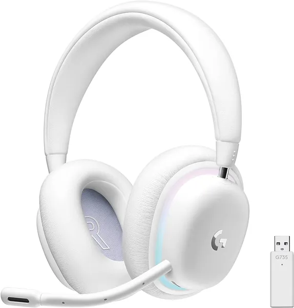Logitech G735 Wireless Gaming Headset, Customizable LIGHTSYNC RGB Lighting, Lightspeed, Bluetooth, 3.5 MM Aux Compatible with PC, Mobile Devices, Detachable Mic - White Mist - G735 Headset