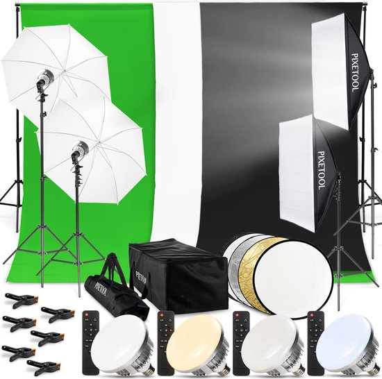 Pixetool Green screen 3 x 3M met Achtergrondsysteem 2,6 x 3M – Fotostudio Set – Greenscreen Set – Inclusief Wit en Zwart achtergronddoek, Softbox, Paraplu’s, Lamphouders, LED lampen, Reflectiescherm &amp; Draagtas