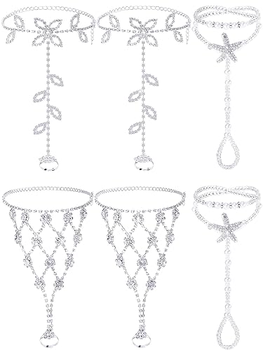 Hicarer 6 Pieces Foot Jewelry Barefoot Sandals for Women Rhinestone Anklets Bohemian Foot Chain for Beach Wedding Valentine's Day - Rhinestone Star Leaf Mesh Style