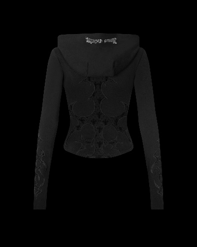 SINNER LACE CUT OUT SCULPT STRETCH ZIP HOODIE BLACK | XS