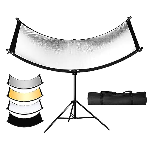 SUPON Clamshell Lichtreflektor Diffusor U Form Gebogener Reflektor Portrait Reflektoren mit Lichtstativ Kit 180x60cm Groß Gebogener mit Tragetasche für Studiobeleuchtung Silber/Gold/Schwarz/Weiß - Mit Ständer