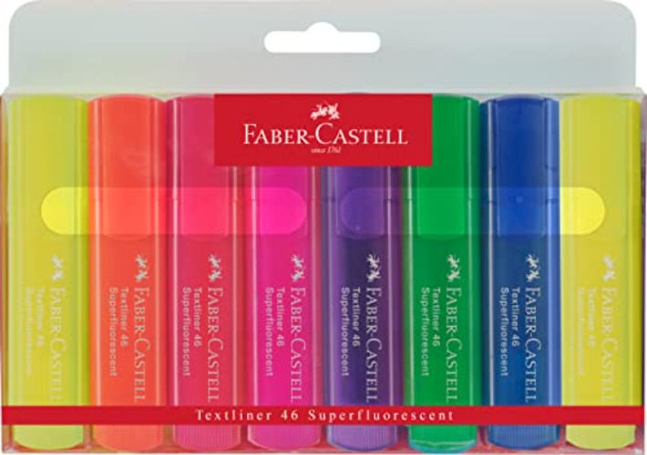 Faber-Castell 154662 - Set di evidenziatori TL 1546, confezione da 8, colori neon, con punta a cuneo a lunga durata, larghezza linea 1 - 5 mm, ricaricabili - Textliner 46 - Cassa da 8 - Neon