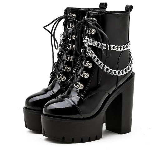 'Crying out Loud' Black Alt Gothic Chain Ankle Boots - black shoes / 39