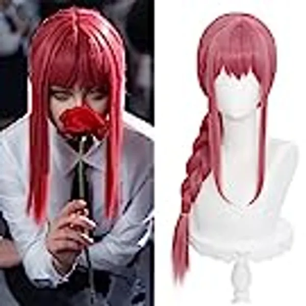 LABEAUTÉ Long Pink Braids Wig for Makima Cosplay Anime Braided Wig with Bangs for Csm Halloween Party Hair Wig + Free Cap