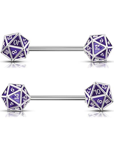OUFER 2PCS Icosahedron Dice Nipple Rings, 14G 316L Surgical Steel Nipple Barbells, Nipple Jewelry for Women - Purple