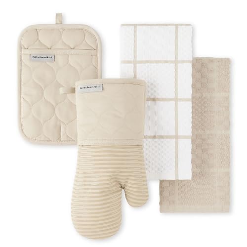 KITCHENAID Quilted Cotton Terry Cloth Oven Mitt, Pot Holder, Kitchen Towel 4-Pack Set, Heat Resistant, Silicone Grip, Gift Set, Milkshake, 16"x26", 7"x13" & 7"x10" - 16"x26", 7"x13" & 7"x10" - Milkshake