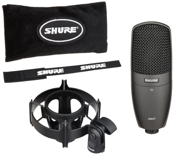 Shure SM27 Professional Large Diaphragm, Side-Address Cardioid Condenser Microphone for Stage or Studio with A32M ShureLock Swivel Adapter and Zippered Carrying Bag (SM27-SC) - 