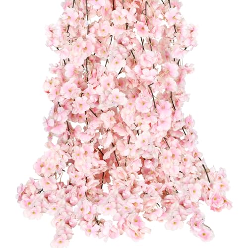 CEWOR 4pcs 23.6 Ft Artificial Cherry Blossom Flower Vines Artificial Flowers Outdoor Hanging Silk Flowers Garland for Wedding Party Home Bedroom Decor Japanese Kawaii Cute - 4 pack