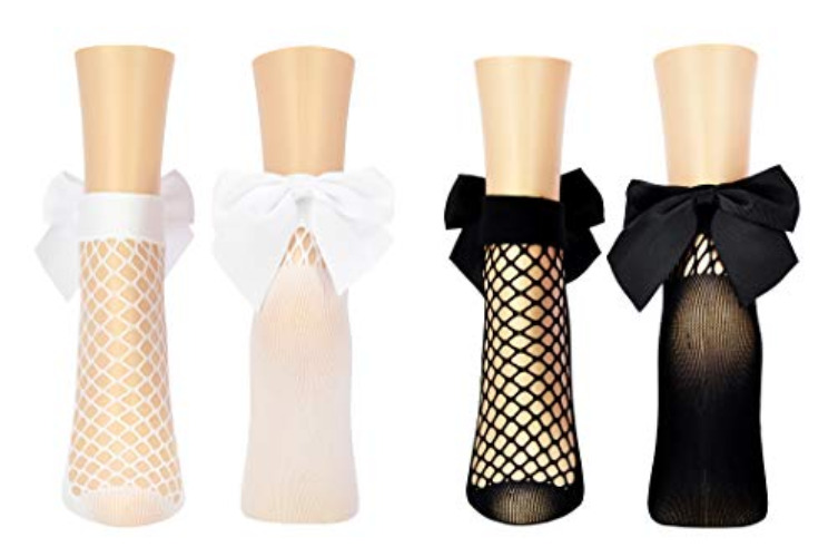 Sock House Co. Bow Fishnet Anklet Socks (2 Pair) - Black and White - Fits Ladies Shoe Size 4-10