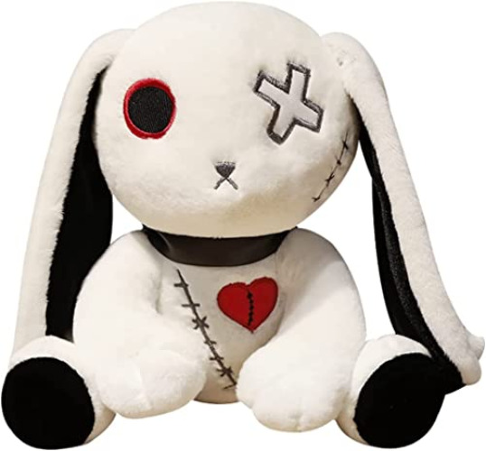 LKMYHY 12in Creepy Goth Bunny Plush Crazy Rabbit Plushie Toys, Spooky Bunny Stuffed Animal Doll for Halloween Easter Christmas Birthday Gift (White) - White