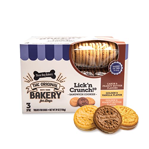 Three Dog Bakery Lick'n Crunch Sandwich Cookies Premium Dog Treats with No Artificial Flavors, Carob/Peanut Butter, Golden/Vanilla, 39 Ounces (Pack of 1) - Carob/Peanut Butter, Golden/Vanilla, and Golden/Peanut Butter - 39 Ounce (Pack of 1)