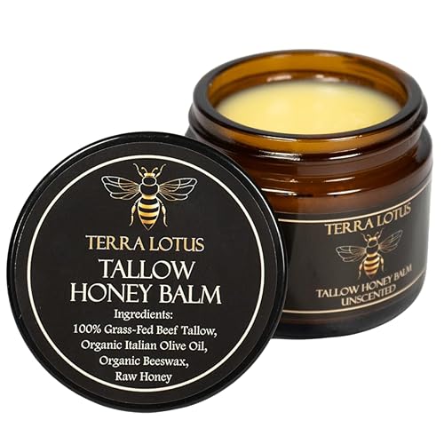 Terra Lotus - Organic Grass-Fed Beef Tallow Balm with Raw Honey - Moisturizing Cream for Soft, Smooth Skin - Handmade All-Natural Moisturizer (2 Oz, Unscented) - Unscented - 2 Ounce (Pack of 1)