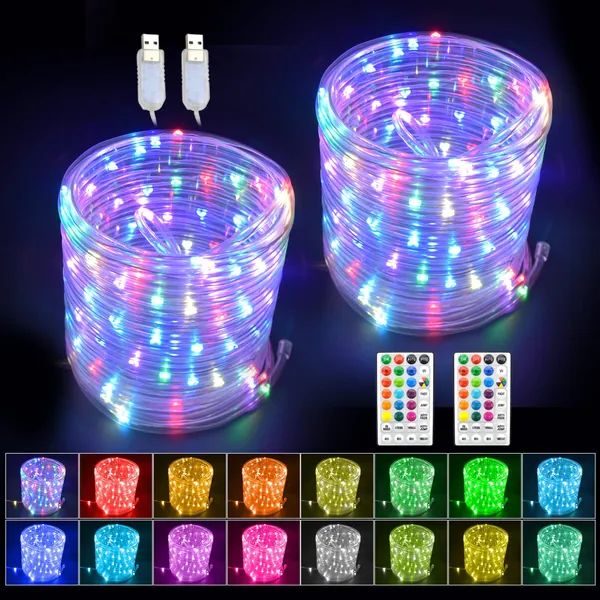 GLPE LED Rope Lights with USB Powered, 2 Pack X 33ft 100 LEDs Rope Lights Outdoor Waterproof, Tube Lights with 16 Color Changing, Fairy Lights for Christmas, Garden, Party,Camping
