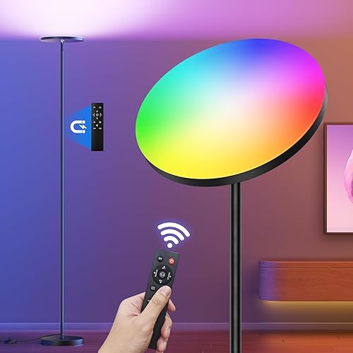 FULSUNT RGB Torchiere Floor Lamps for Living Room, 32W/3200LM Bright LED Standing Lamp with Remote, Modern Color Changing Tall Lamp with Stepless Dimming, 69" Corner Floor Lamp for Bedroom, Office - Black