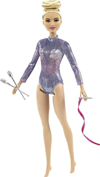 Barbie Rhythmic Gymnast Blonde Doll (12-in/30.40-cm) with Colorful Metallic Leotard, 2 Clubs & Ribbon Accessory, Great Gift for Ages 3 Years Old & Up, GTN65