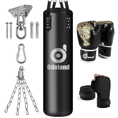 Odoland Kit de Sacos de Boxeo 6-en-1 Sin Relleno para Hombres y Mujeres, 120 cm Bolsa Pesada de Kick Boxing Carga hasta 68 kg con Guantes de Boxeo de 12 oz, Vendajes y Cadenas, Negro
