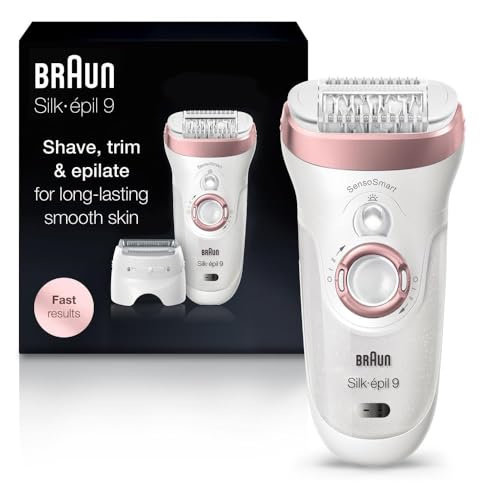 Braun Epilator Silk-épil 9 9-720, Hair Removal Device, Epilator for Women, Wet & Dry, Womens Shaver & Trimmer, Cordless, Rechargeable - White - 1 Count (Pack of 1)