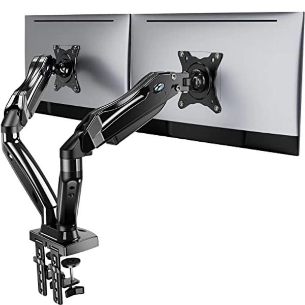 HUANUO Dual Monitor Stand - Adjustable Spring Monitor Desk Mount Swivel Vesa Bracket with C Clamp, Grommet Mounting Base for 17 to 27 Inch Computer Screens - Each Arm Holds 4.4 to 14.3lbs